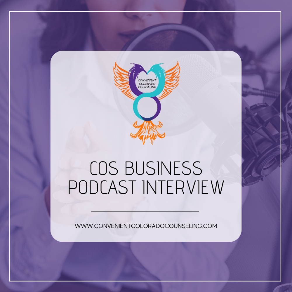 a picture of a woman doing a podcast with the blog title that reads, "cos business podcast interview"