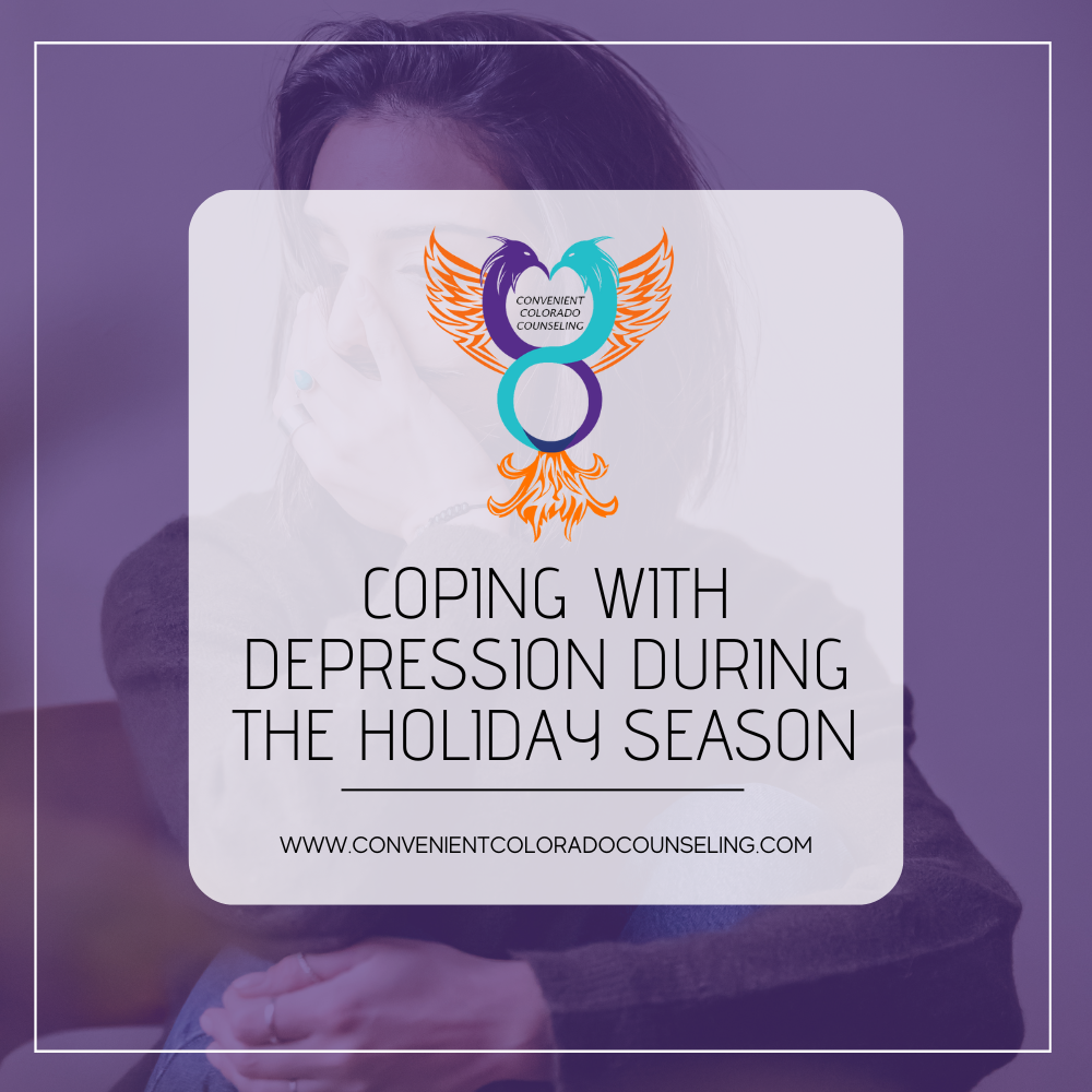 a picture of a woman who looks upset with the blog title that reads, "coping with depression during the holiday season"