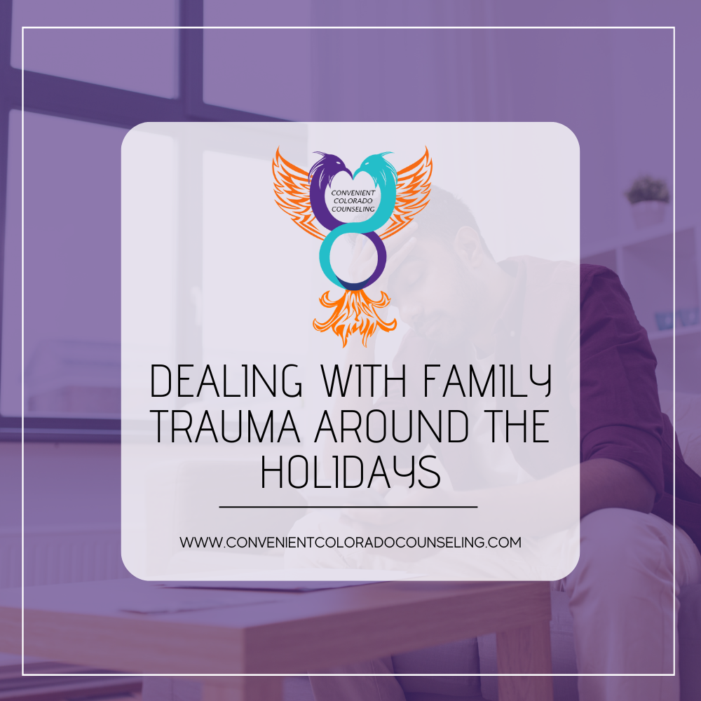 a picture of a man holding his head in his hands with the blog title that reads, "dealing with family trauma during the holidays".