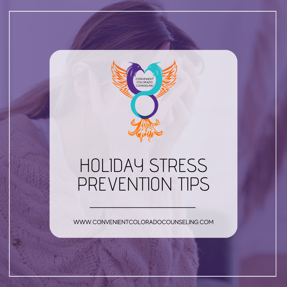 a picture of a woman holding her head in her hands with the blog title that reads, "holiday stress prevention tips"