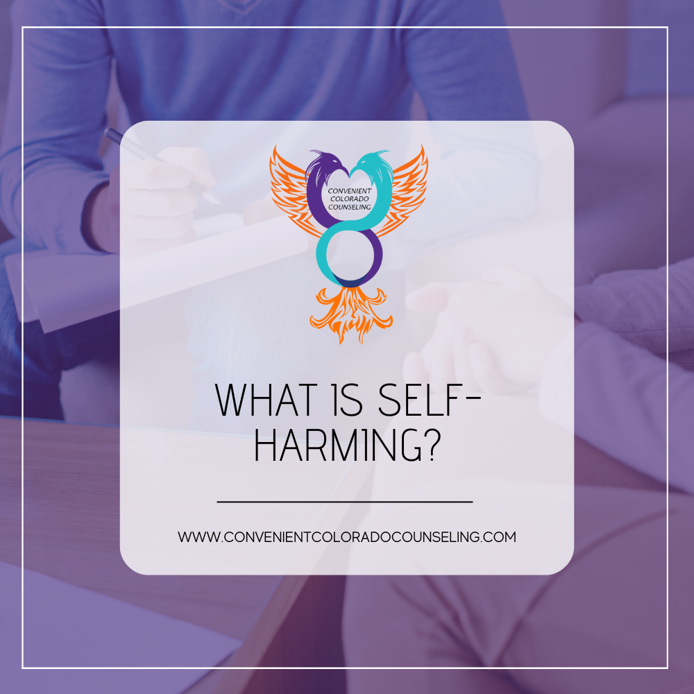 a picture of two people in therapy with the blog title that reads, "what is self-harming"