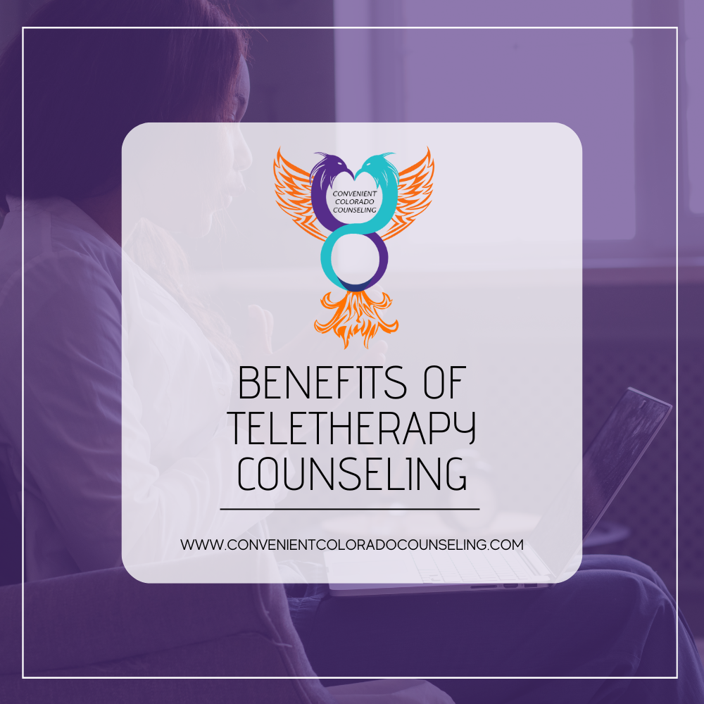 a picture of a woman doing teletherapy with the blog title that reads, "benefits of teletherapy counseling"