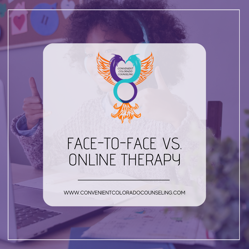 a picture of a woman doing tele-therapy with the blog title that reads, "face to face vs. online therapy"