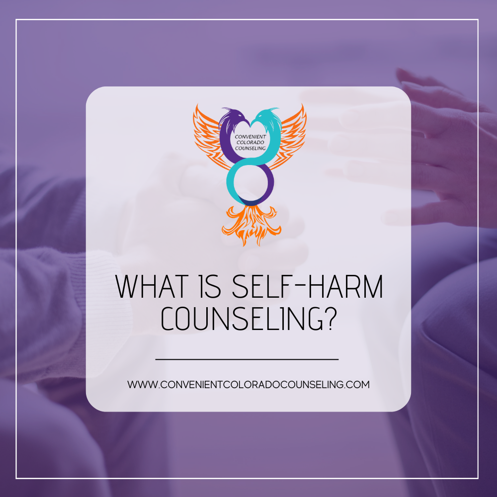 a picture of two people talking with the blog title that reads, "what is self-harm counseling?"